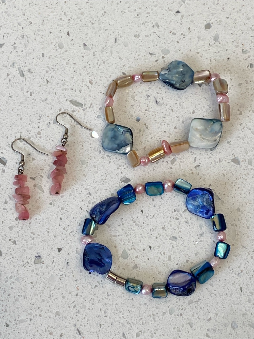 Pink Pearl Blue Abalone Shell Bead Bracelet Set, Matching Pink Shell Earrings